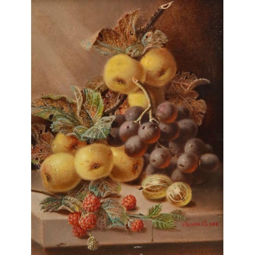 204 - Oliver Clare, oil on board, still life of fruit on a ledge, 10.5ins x 7.5ins