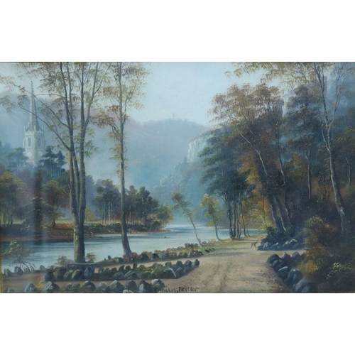 205 - G Willis Pryce, oil on canvas, path by river with trees and church, 7.5ins x 11ins