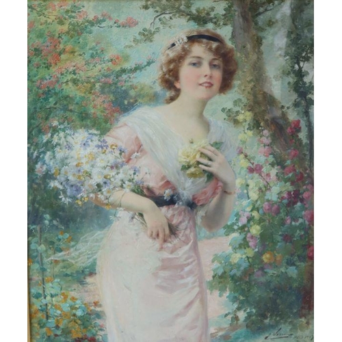 206 - E Vernon, oil on canvas, woman holding flowers with trees and flowers behind, Paris 1919, 25ins x 20... 