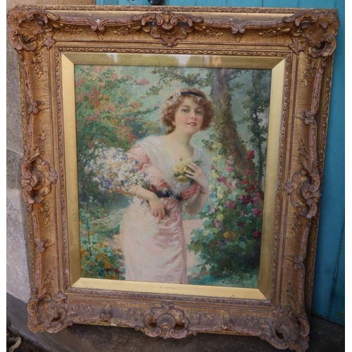 206 - E Vernon, oil on canvas, woman holding flowers with trees and flowers behind, Paris 1919, 25ins x 20... 