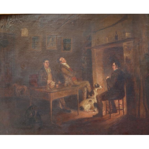 207 - An Antique oil on canvas, interior tavern scene with men seated round a table by a fire with dogs, 1... 