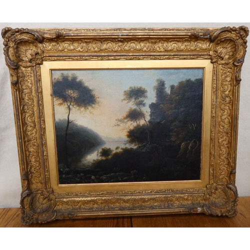 208 - An Antique oil on canvas, Continental landscape with ruins, trees and water, 14ins x 17ins