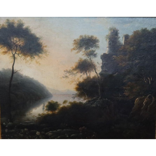 208 - An Antique oil on canvas, Continental landscape with ruins, trees and water, 14ins x 17ins