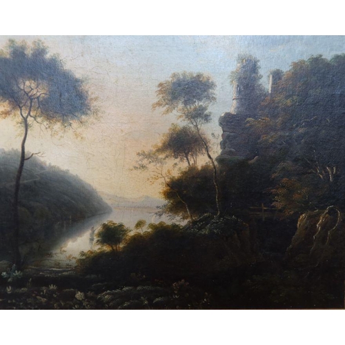 208 - An Antique oil on canvas, Continental landscape with ruins, trees and water, 14ins x 17ins