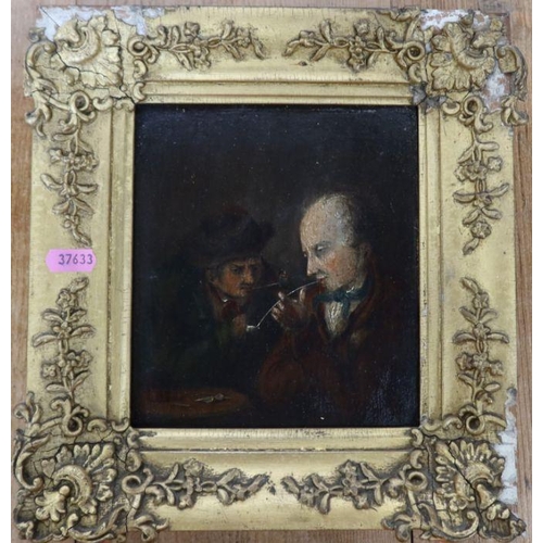 209 - An Antique oil on wooden panel, two men smoking clay pipes, 7.25ins x 6.25ins