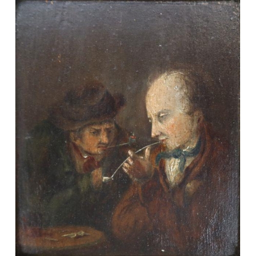 209 - An Antique oil on wooden panel, two men smoking clay pipes, 7.25ins x 6.25ins