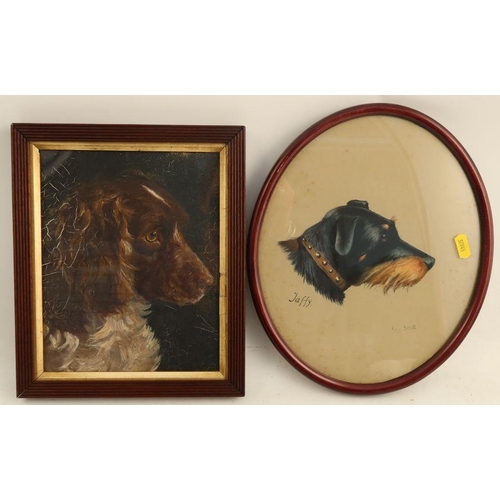 211 - M Oldfield Hower, oil on board, Study of a Spaniels head, 9ins x 7ins, together with Amy Scott, oval... 