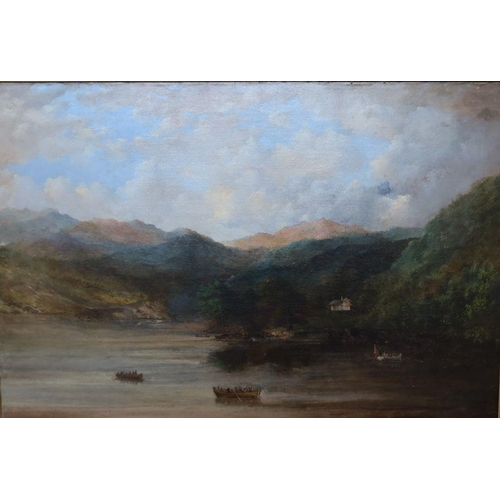 219 - A 19th century oil on canvas, landscape with rowing boats, house on hill and mountains beyond, 23.5i... 