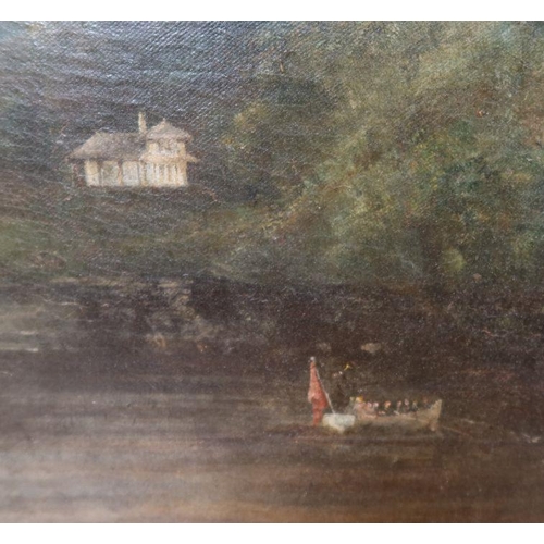 219 - A 19th century oil on canvas, landscape with rowing boats, house on hill and mountains beyond, 23.5i... 