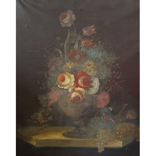 222 - M Copes, oil on canvas, still life of flowers in a vase on a ledge, 34ins x 27ins