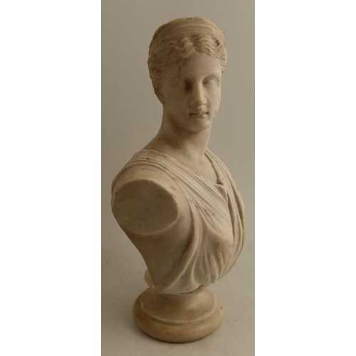 231 - An Antique marble bust, in the Classical style, on a socle base, height 14ins