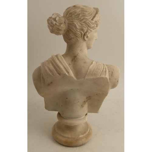 231 - An Antique marble bust, in the Classical style, on a socle base, height 14ins