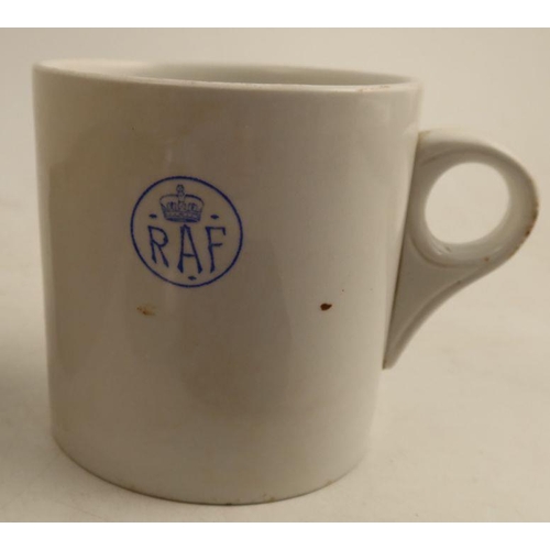 239 - A WW2 RAF W Adams pint mug together with a WW2 A R P gas attack warning wooden rattle, an RAF Benevo... 