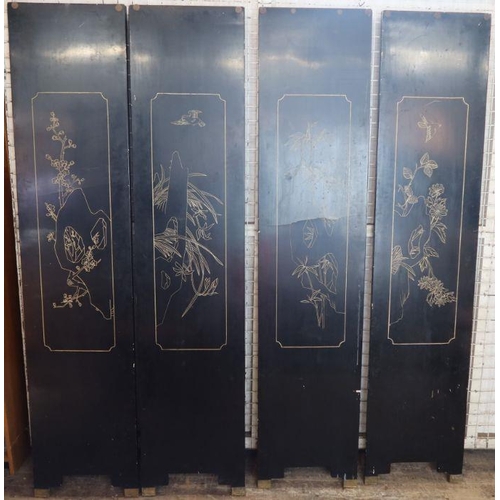 29 - A 20th century Chinese four fold lacquered screen, decorated with flowers, trees and birds, each pan... 