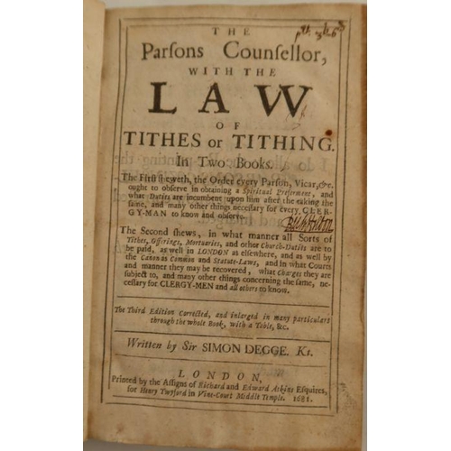 297 - The Parsons Counsellor with the Law of Thithes or Thithing 1681, 415pp. Plus monasteries and rents p... 