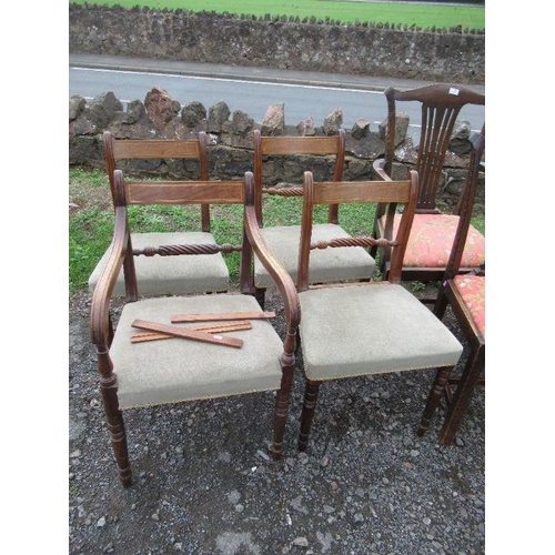 3 - A set of eight (6+2) mahogany dining chairs, with pierced splats together with 4 regency style chair... 