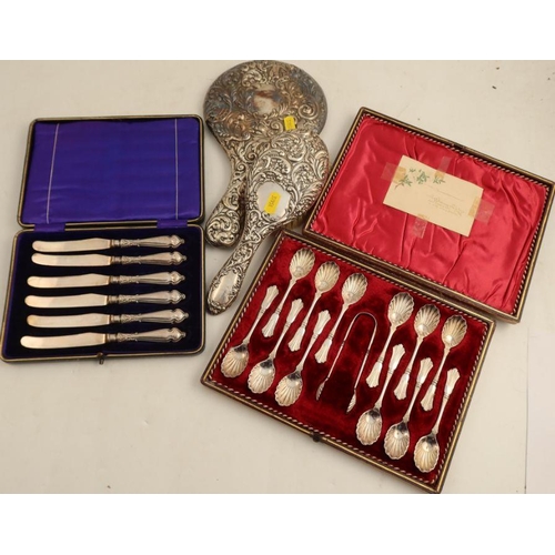 401 - A cased set of hallmarked silver handled tea knives, together with a hallmarked silver dressing tabl... 