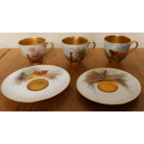 573 - Three Royal Worcester cabinet cups, two decorated with pheasants by Jas Stinton and one with Highlan... 