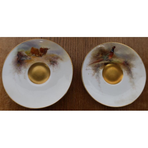 573 - Three Royal Worcester cabinet cups, two decorated with pheasants by Jas Stinton and one with Highlan... 