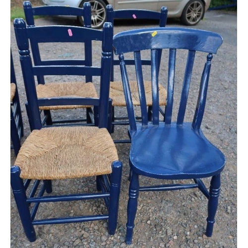 66 - A set of seven painted kitchen chairs with rush seats, together with another painted kitchen chair, ... 