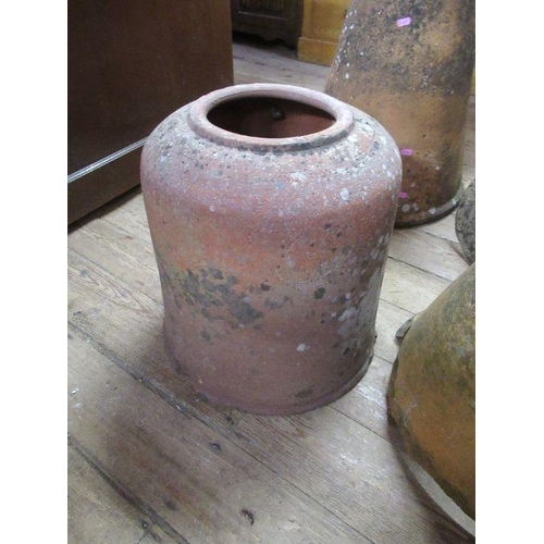 67 - Four terracotta rhubarb pots. Heights 25ins, 17ins, 15ins.