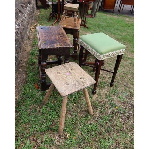 76 - A collection of stools, to include antique style joint stool, another similar, two primitive style, ... 