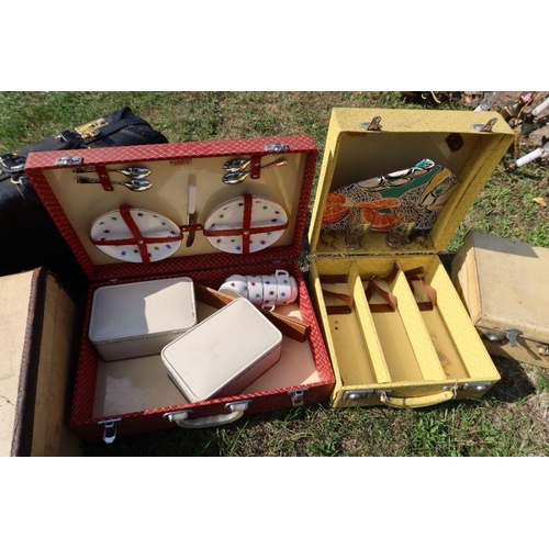 78 - Two vintage picnic sets, together with a brief case, a suitcase bearing 'Cunard State Room label, an... 