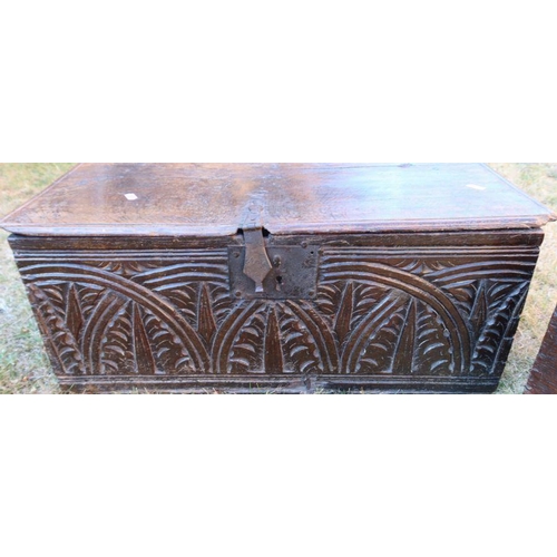 90 - An antique oak bible box, with carved front, 25.5ins x 13ins x height 10.5ins, together with another... 