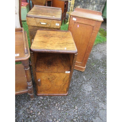 97 - A collection of furniture to include 2 burr walnut bedside cabinets, pot cupboard, shelves, trolley