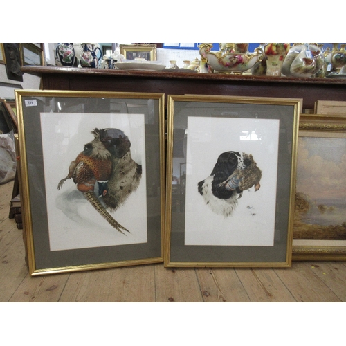 181 - Two signed prints after Riab, dogs with game, 19ins x 14ins