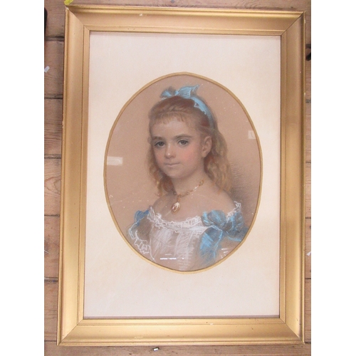 187 - Four 19th century portraits, to include an oval pastel of young child wearing a white shirt with blu... 