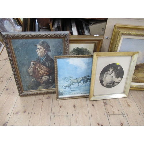 158 - A collection of pictures to include 19th century prints and later examples and an oil on board