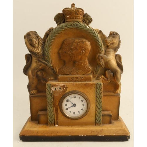 102 - A plaster Royal Commemorative mantel clock, with portraits, dated 1937, height 10.5ins