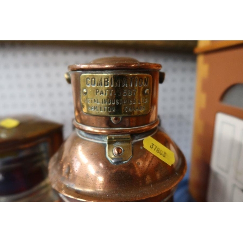 136 - Two copper ships lamps Port and Starboard, together with a Combination copper lamp