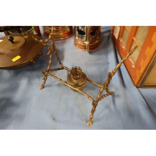 137 - A Townsend and Co brass spirit kettle on bamboo effect stand with burner