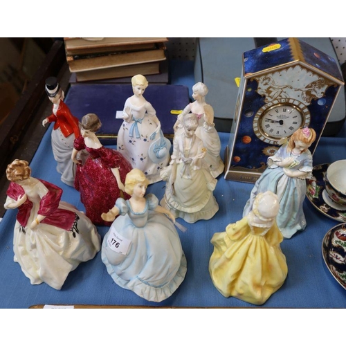 176 - Nine Royal Worcester figurines, together with a Royal Worcester Millennium clock