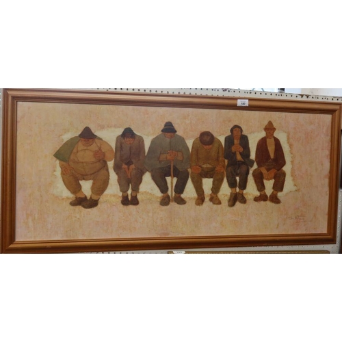 180 - Tullia Matania, oil, six men seated in a line, 16ins x 41ins