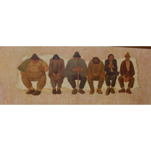 180 - Tullia Matania, oil, six men seated in a line, 16ins x 41ins