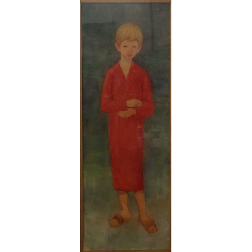 182 - Tullia Matania, oil, Boy in red smock, 28ins x 10ins