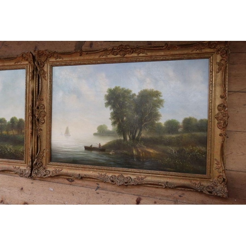 188 - R Witchard, two oil on canvases, landscape with figures and view across water with figures in a boat... 