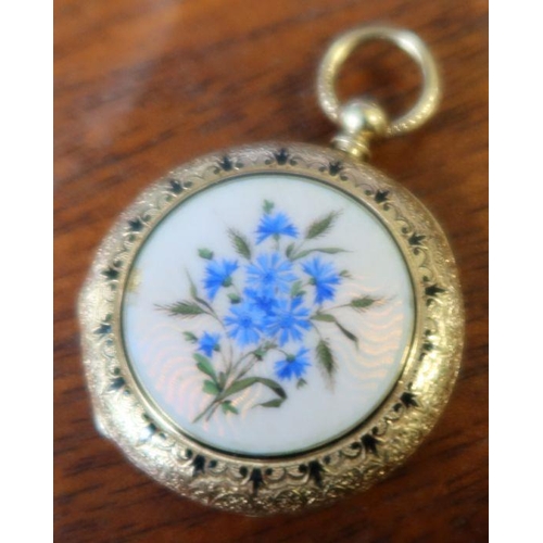 223 - A ladies 18k fob hunter watch, with enamel decoration to the case