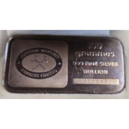 247 - A Johnson Matthey 100 grammes 999 fine silver bullion bar, cased - 37762