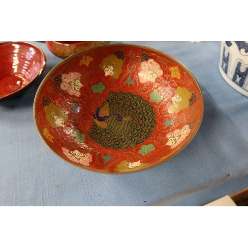 276 - A pair of Royal Worcester table salts, together with a cloisonne dish and other pottery items