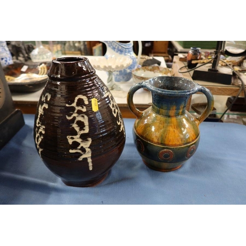 299 - A rectangular slip ware dish, 15ins x 16ins, together with another vase and a Belguim vase