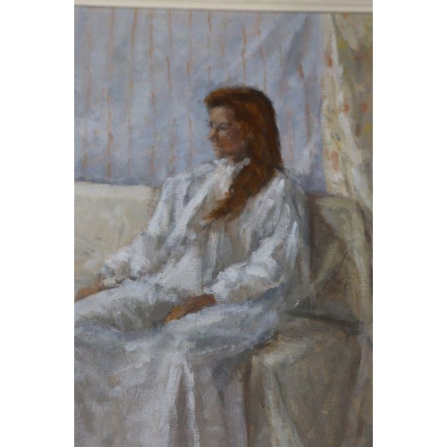 313 - Joan Petch, oil on board, Girl in Nightdress, 19ins x 15ins