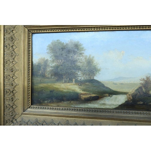 319 - An English School oil on canvas, landscape with figure and river, 11ins x 20ins