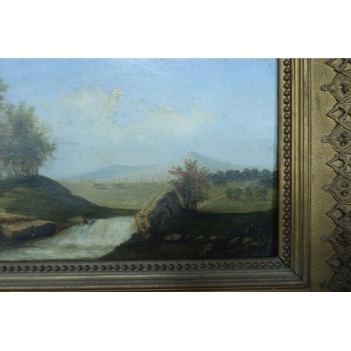 319 - An English School oil on canvas, landscape with figure and river, 11ins x 20ins