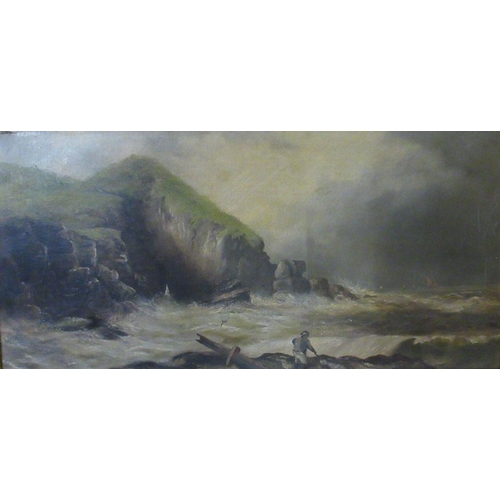 339 - J Jebson, oil on canvas, seascape with crashing waves, 11.5ins x 23.5ins, together with another oil ... 