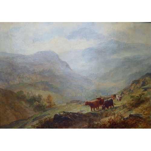 348 - A Fussell, oil on canvas, Highland Cattle in landscape, 18ins x 24ins