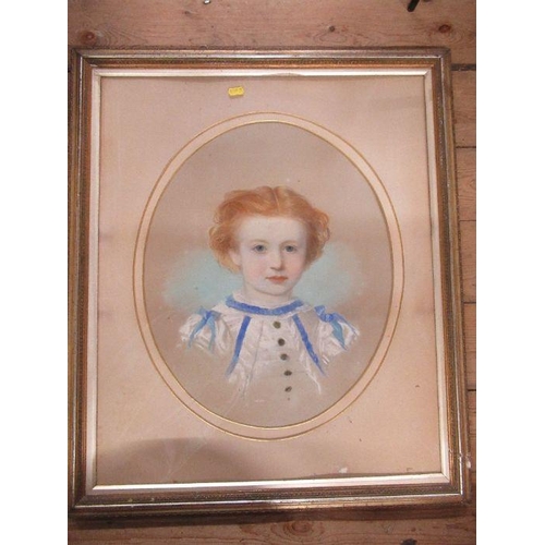 349 - Four 19th century portraits, to include an oval pastel of young child wearing a white shirt with blu... 